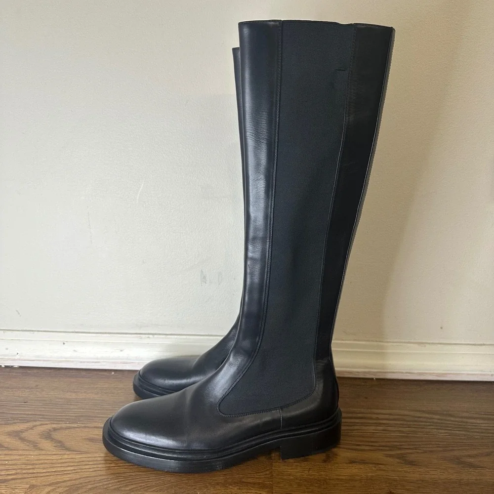 Jil Sander Black Leather Knee High Boots Elastic Sides‎ 39.5 New w/Imperfections